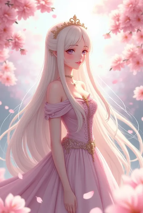 Create a medieval anime-style princess where her hair is white and the background is cherry blossoms and a crown and a pretty dress 