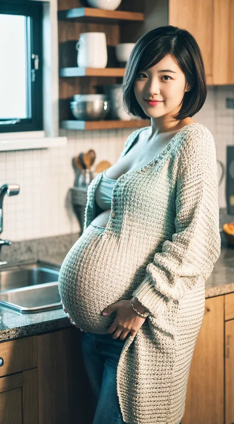 masterpiece, Best Quality, 8K,looking at the viewer,Japanese Lady,20 years old, huge pregnant, Voluptuous, knitted cardigan, short length hair, kitchen background, show off belly button