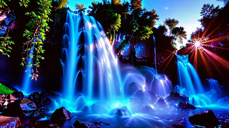 32K Resolution Masterpiece , top quality , super detailed, Extremely high resolution 32K wallpaper , shot with a fisheye lens , the flow of many layers of waterfalls , a waterfall shining in cobalt blue luminescence, The rock shines fluorescent green ,...