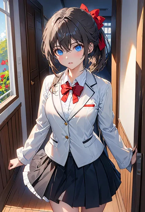 Arya,  1 girl, Alone,  long hair,  blue eyes, stupid hair, bow,  and stare at the viewer, red bow,  jacket , bowtie,  Long Sleeve, chest,  shirt, open  jacket , red bowtie, door, cowboy shot, collared  shirt, indoors,  school uniform , Gray Hair,  are stan...