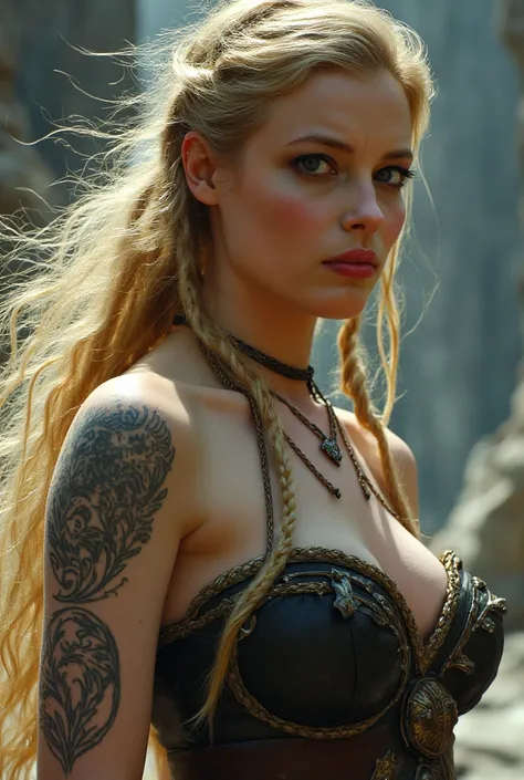 Gillian Jacobs as a Norse Princess, blonde braids, young, beautiful, angry, Heavy Metal style, Luis Royo and Frank Frazetta inspired, intricate details, side lighting, runic tattoos