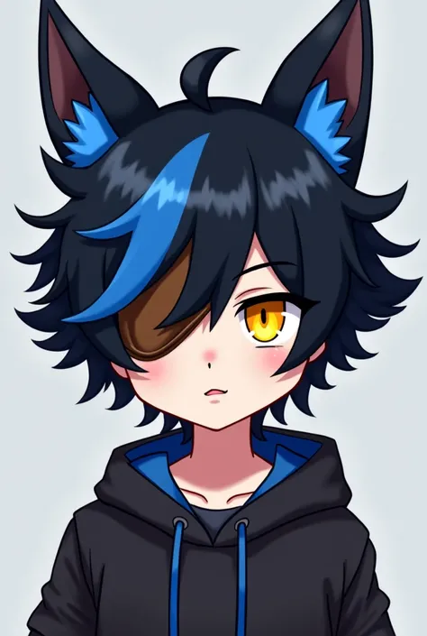  A pngtuber Lobinhogamer719 with an eye slap bandage, in the eye, brown color, wolf ear, Black hair with blue parts and yellow eyes boy