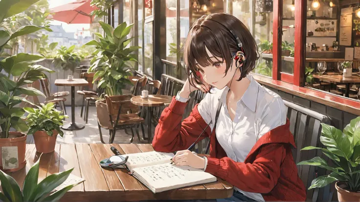  headphones、 Hair、 white shirt、 Red Cardigan 、 headphones、Houseplants、Notes、pencil、Cafe terrace seating、Short hair