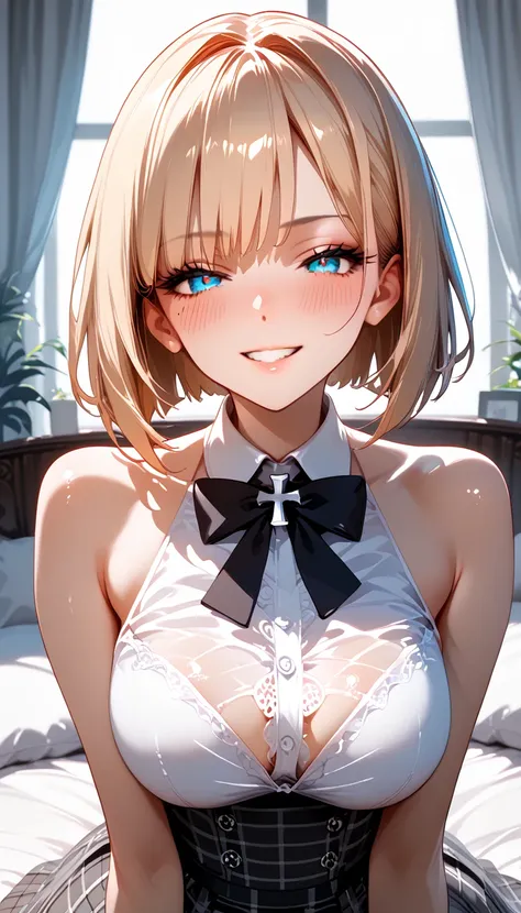 half-closed eyes, love hotel , on the bed , detailed face, ecstatic expression, backspace, creampied, intrauterine cross-sectional view,blush, sleeveless,  sweated,A perfect smile, (  perfect anatomy for the lower abdomen,  anatomically accurate ,  high de...