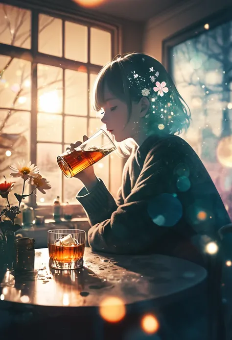 (masterpiece, best quality),(double exposure: 1.2), subtle colors, post-grunge,  paint splatters, intricate details, detailed depiction,A whimsical,oldgirl drinking hot whiskey,tween ,room,winter, The background is filled with flower symbols floating aroun...