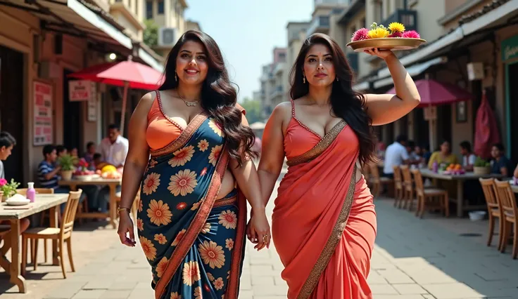 full body shot . two very beautiful, ultra ssper curvy xxx plus-size beautiful lebanon greek Indian women are walking ,they are very plus-size models .very beautiful women ,They have big hazel color eyes,they have very long wavy styled dark brown color ,th...