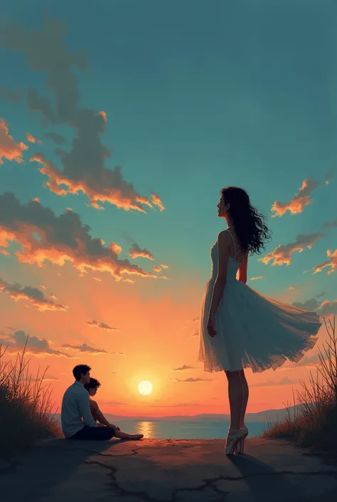 The setting at sunset ,  with the warm colors of the sky ,  like orange and pink ,  blending gently with the blue of the night that begins to emerge .
Main character:  A solitary ballerina in the center of the image ,  dressed in an elegant dance costume ,...