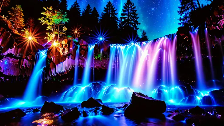 32K Resolution Masterpiece , top quality , super detailed, Extremely high resolution 32K wallpaper , shot with a fisheye lens , the flow of many layers of waterfalls , cobalt blue luminescent waterfall, The rock shines fluorescent green , super detaile...