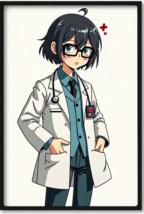  Q Style Illustration Magic Doctor Short Hair , Dark Hair.  Black Frame Glasses,  and an Experimental Costume ,  puts his hand into her hospital lab coat ,Clever Eye , ,  blank background