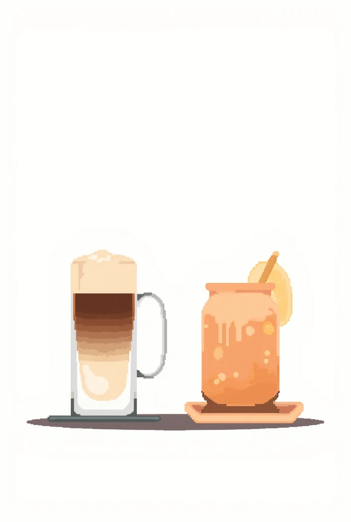 A cozy, minimalistic illustration featuring a coffee beverage made with a blend of espresso and sweetened condensed milk with sugar, served alongside a traditional ginger-based drink called Dzindzyabure. The scene is simple and elegant, with flat colors, c...