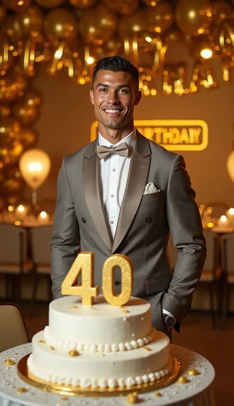  Cristiano Ronaldo,  dressed in an elegant but modern outfit .  The background is decorated with golden balloons and scene ,  a large banner that says 'Happy 40th birthday' and bright lights that create a festive atmosphere.  There is a large cake with the...