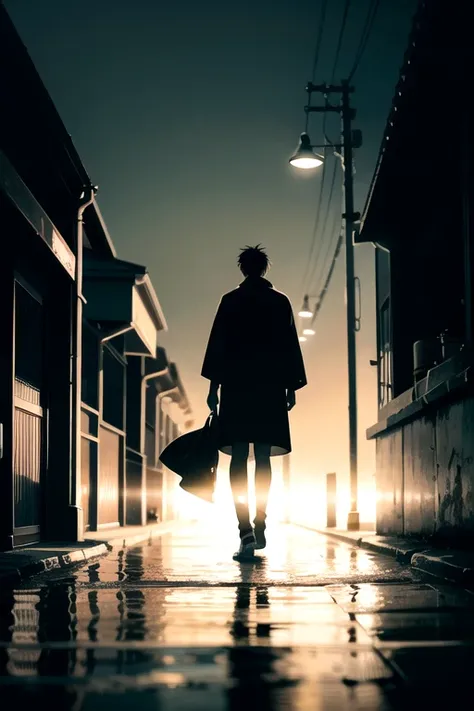 A lone figure stands on a quiet, rain-soaked street at night, looking up at the sky with a determined expression. The soft glow of streetlights reflects off the wet pavement, symbolizing past heartbreak. In the background, faint city lights blur into the d...