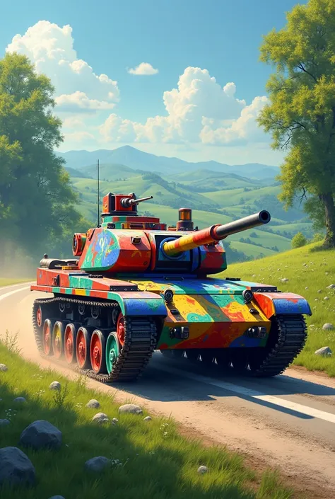 Generate a very colorful tank for me that drives on a road