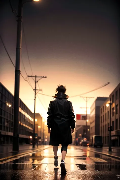 A lone figure stands on a quiet, rain-soaked street at night, looking up at the sky with a determined expression. The soft glow of streetlights reflects off the wet pavement, symbolizing past heartbreak. In the background, faint city lights blur into the d...