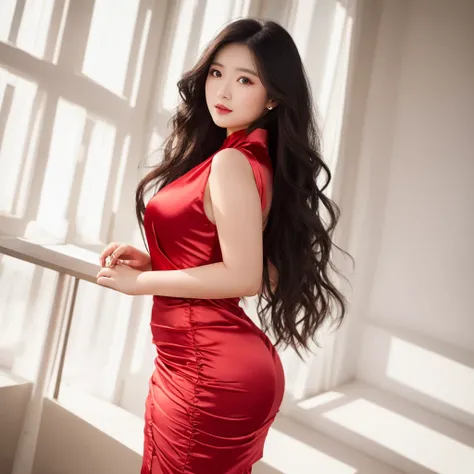  A young Asian woman with long dark hair, expressive eyes and a curvy body .  She wears a tight red silk dress ,  posing confidently in a warm light ."