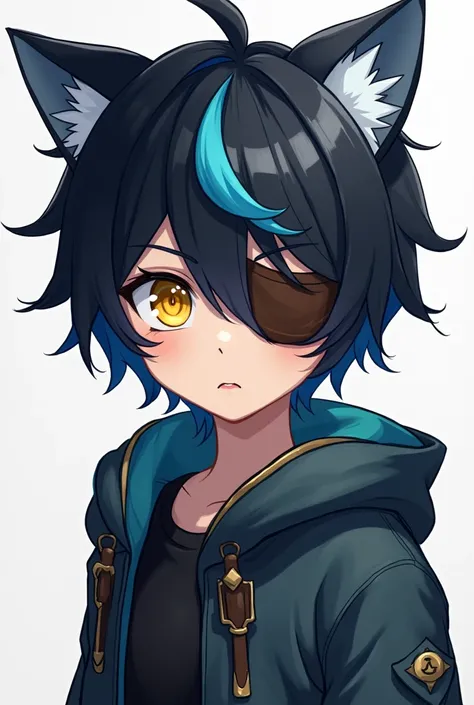  A pngtuber Lobinhogamer719 with an eye slap bandage, in the eye, brown color, wolf ear, Black hair with blue parts and yellow eyes boy