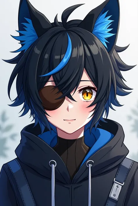  A pngtuber Lobinhogamer719 with an eye slap bandage, in the eye, brown color, wolf ear, Black hair with blue parts and yellow eyes boy