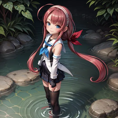 (masterpiece, best quality:1.2), solo, 1girl, kawakazedef, smile, looking at viewer, wading, ahoge, low twintails, hair ribbon, hairband, school uniform, sleeveless shirt, neckerchief, elbow gloves, fingerless gloves, black skirt, thighhighs 