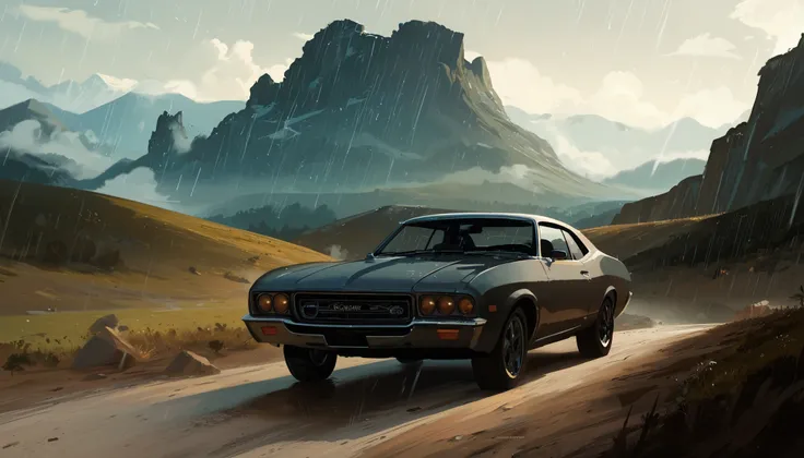 there is a black car driving down a dirt road in the mountains, foggy atmosphere, rain, nairing, concept art | rhads, inspired by RHADS, by RHADS, rhads!, rhads!!!, style of tim hildebrandt, concept art wallpaper 4k, rob rey and kentarõ miura style, illust...