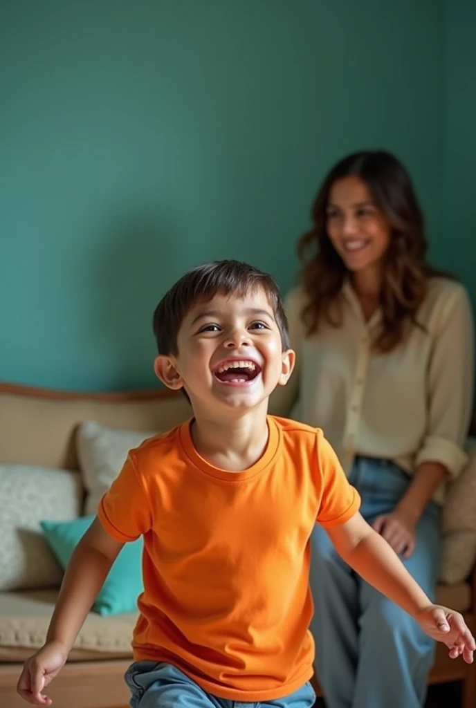 Photo of a happy boy with Latin features in an orange t-shirt playing far away in a cozy house with turquoise colors, His mother is watching Feliz.