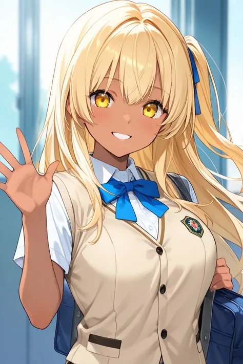 dark skin girl,blond long hair,one side up,yellow eyes,  hair,school bag,waving,Smile,beige vest,blue ribbon,