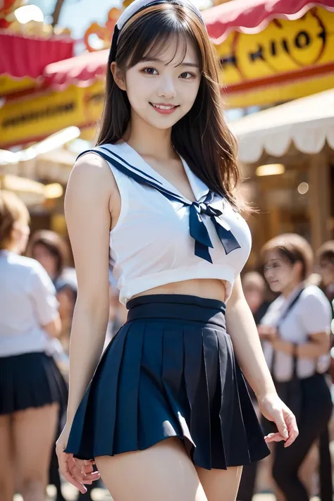 A stunningly beautiful young girl with a perfectly sculpted physique, long slender legs, a toned waist, and flawless smooth skin. Her radiant smile exudes joy and excitement as she enjoys a day at the amusement park. She has expressive, captivating eyes an...