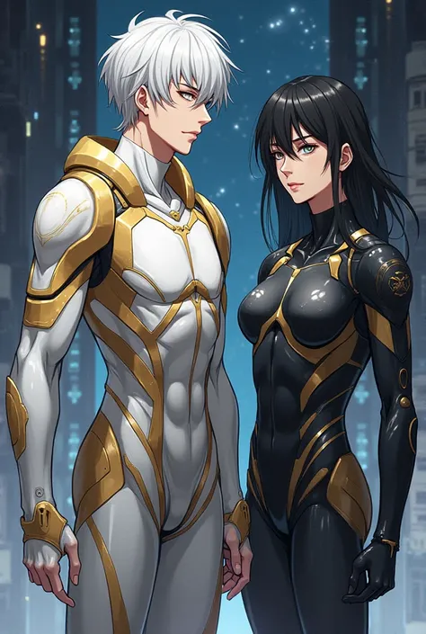 Two guys men, one marble like a statue with gold white, white short hair ,  Brown eyes ,  other black hair is long, white eyes with pupils,  skin inside the color of the galaxy. anime art , wearing a cyber suit, Spaceship background ,  full height 