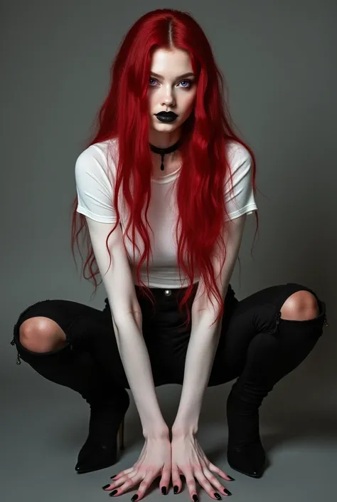 girl, long hair, red hair, white top, black pants, call knees on pants, heels, black nails on feet and hands, black lipstick, very white skin, sits in a squat, legs spread, black panties, black mascara on eyes, purple eyes 