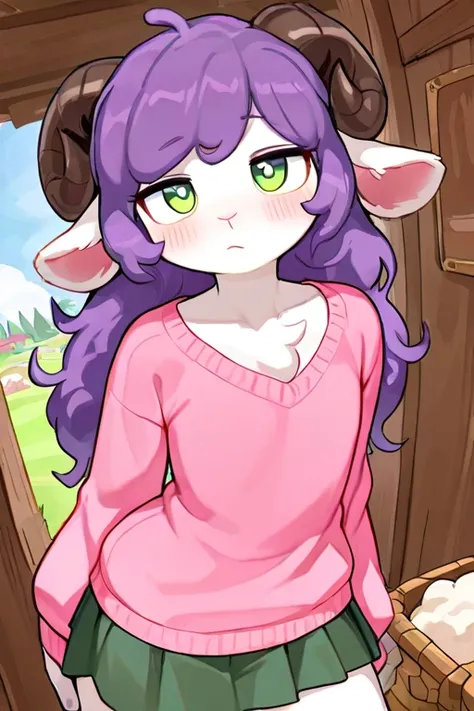  masterpiece,  best quality ,  1femboy, anthro, wool, wool, fluffy wool, sheep horns, видно sheep horns, lamb ears ,  Anthropomorphic guy, sheep horns , white skin,  light skin  ,  purple hair ,  green eyes ,  long hair,  disheveled hair , flat chest ( bla...