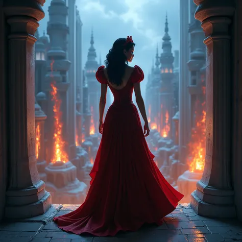 
Snow White standing on the balcony of her fire and icy palace,  with her buttocks exposed, , girl with red hair, rear view