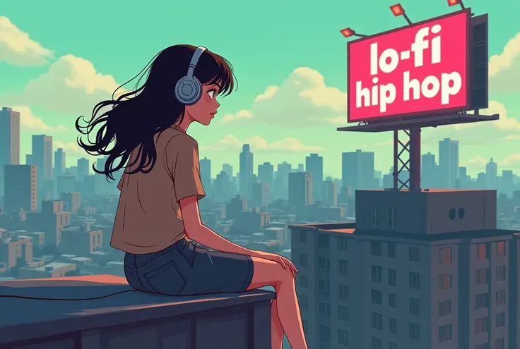 Lo-fi style animated image, a girl sitting on top of a building, With your headset listening to music. On the horizon a billboard with the text "Lo-fi Hip-Hop"  borrowed letter ,  vibrant colors.