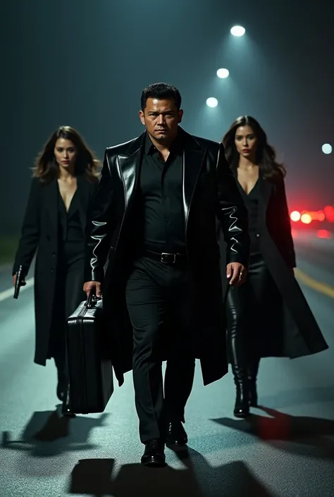 A burly looking asian guy is walking while holding a gun, wearing a long black jacket hitam mengkilap bawahan celana panjang hitam mengkilap, wearing shiny black buts shoes in the company of two beautiful asian women , wearing a long black jacket,inside a ...