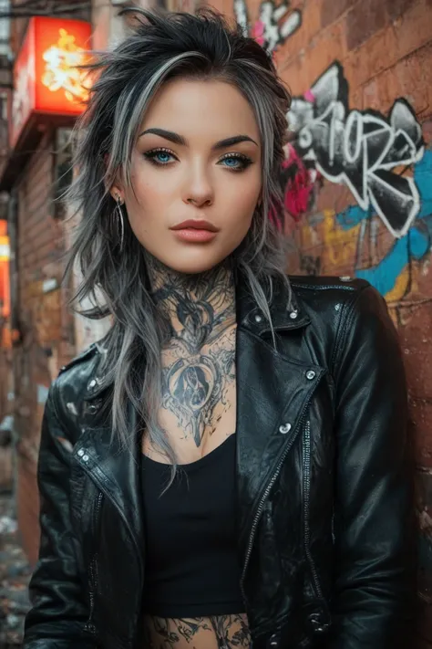 Image of a woman in her 30s, long grey and black highlights hair,   bright blue eyes  , white,   Black tattoo that goes up from shoulder to neck, daring clothes,   leather jacket,  lots of ear piercings , Dirty and sinister dark alley, Full of neon lights,...