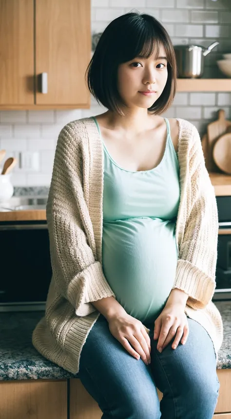 masterpiece, Best Quality, 8K,looking at the viewer,Japanese Lady,20 years old, huge pregnant, Voluptuous, knitted cardigan jacket, short length hair, kitchen background, sitting