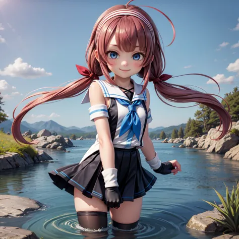 (masterpiece, best quality:1.2), solo, 1girl, kawakazedef, smile, looking at viewer, wading, ahoge, low twintails, hair ribbon, hairband, school uniform, sleeveless shirt, neckerchief, elbow gloves, fingerless gloves, black skirt, thighhighs 