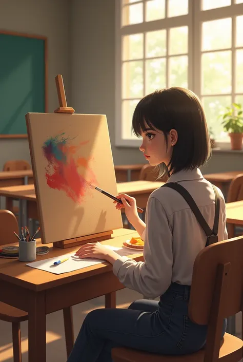 A very simple picture of a female student painting in class