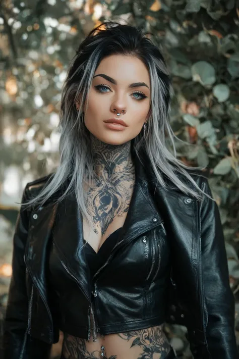 Image of a woman in her 30s, long grey and black highlights hair,   bright blue eyes  , white,   Black tattoo that goes up from shoulder to neck, daring clothes,   leather jacket,  lots of ear piercings  