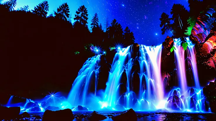 32K Resolution Masterpiece , top quality , super detailed, Extremely high resolution 32K wallpaper , shot with a fisheye lens , the flow of many layers of waterfalls , a waterfall shining in cobalt blue luminescence, The rock shines fluorescent green ,...