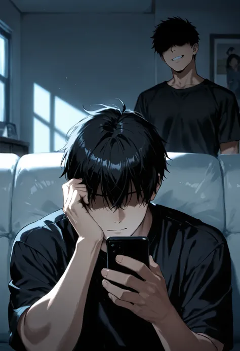 score_9, score_8_up, score_7_up, source_anime, ((faceless boy:1.6,  black short hair)), bara, black clothes,,White room,masterpiece, best quality, dark room, on sofa ,answer the phone,upper BODY,rape face, Making a phone call, solo