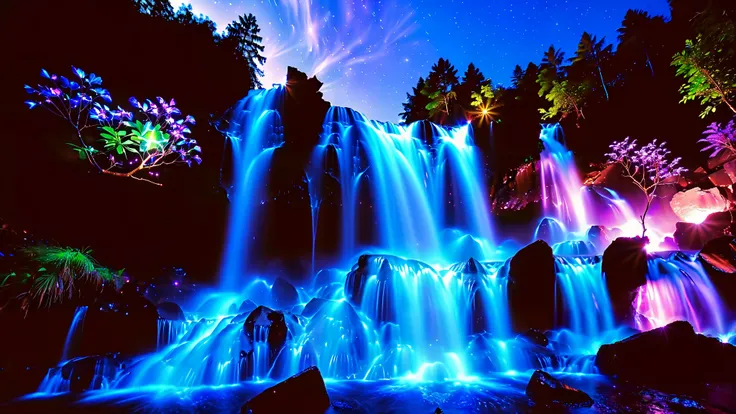 32K Resolution Masterpiece , top quality , super detailed, Extremely high resolution 32K wallpaper , shot with a fisheye lens , the flow of many layers of waterfalls , cobalt blue luminescent waterfall, The rock shines fluorescent green , super detaile...