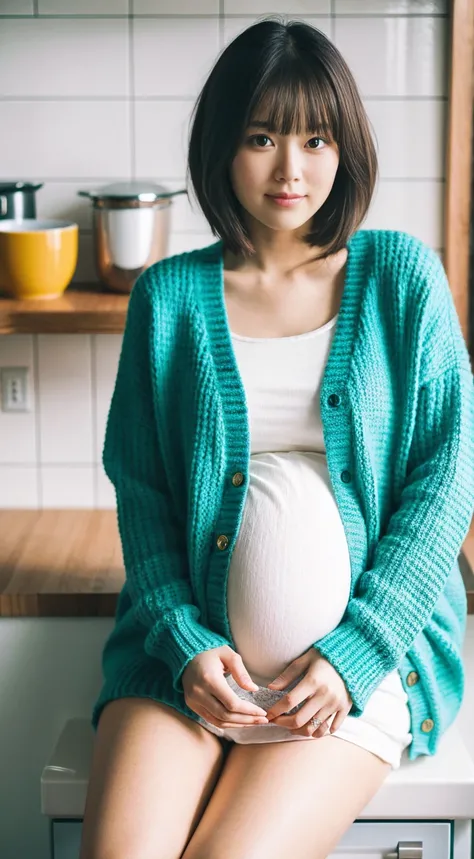 masterpiece, Best Quality, 8K,looking at the viewer,Japanese Lady,20 years old, huge pregnant, Voluptuous, knitted cardigan jacket, short length hair, kitchen background, sitting