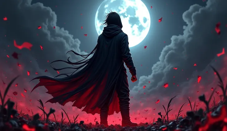  In the midst of a devastated battlefield ,  a young man in a dark hoodie and a bloodstained robe stands up About the remnants of defeated curses.  His face remains hidden ,  but a red and black energy pulses around your body ,  as if each enemy consumed o...