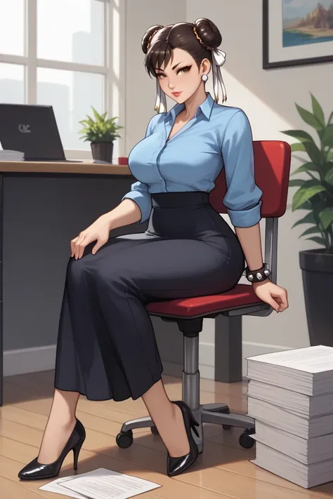 Make Chun Li busty  (88cm bust ,waist: 58 cm,  Hips: 90 cm.) but in office attire, Long skirt up to your knees, sweater, lentes,  black heels, Hair tied up and with some papers in hand. (But make her look like a nerd.)