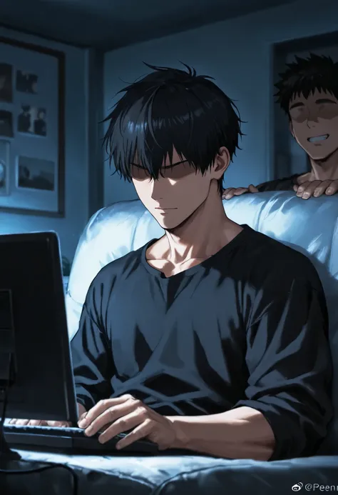 score_9, score_8_up, score_7_up, source_anime, ((faceless boy:1.6,  black short hair)), bara, black clothes,,White room,masterpiece, best quality, dark room, on sofa ,upper BODY,rape face, view a personal computer, solo, male focus