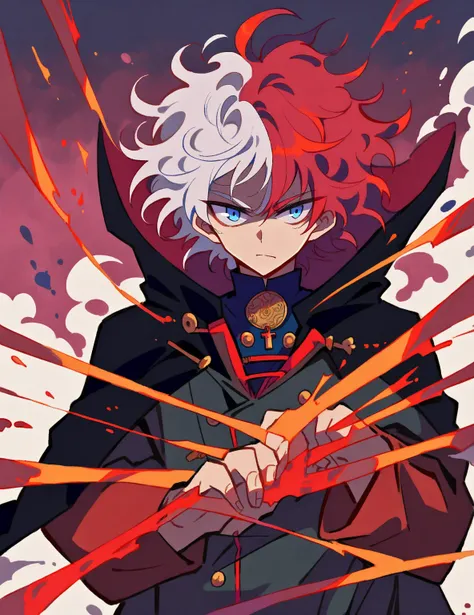  A boy,  alone,  serious face ,  a penetrating look, bright blue eyes,  messy hair,  white hair,  Red Wicks, white and red colored hair,  black cloak with details like a coat, a katana in the hands,  neck pendant