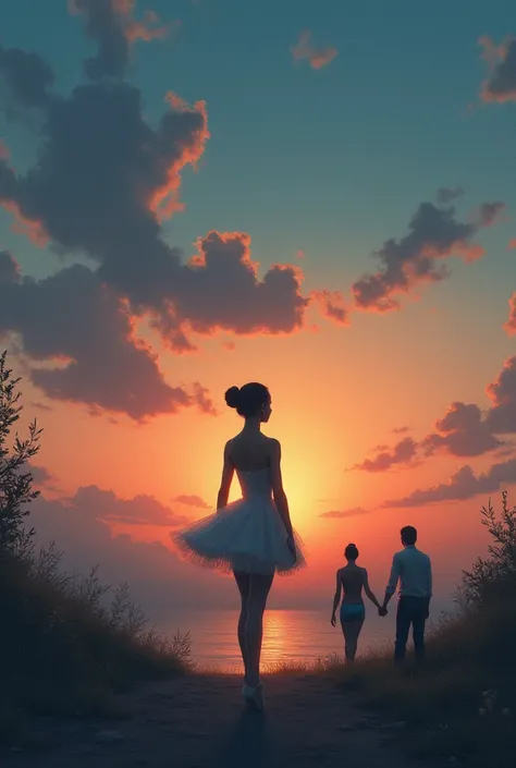 The setting at sunset ,  with the warm colors of the sky ,  like orange and pink ,  blending gently with the blue of the night that begins to emerge .
Main character:  A solitary ballerina in the center of the image ,  dressed in an elegant dance costume ,...