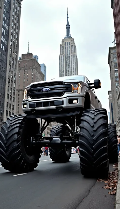 Imagine a Ford F-150, transformed into a colossal monster truck so massive it towers over everything in its path, including the Empire State Building. This truck is an absolute beast, standing hundreds of stories tall, its oversized wheels dwarfing the ico...