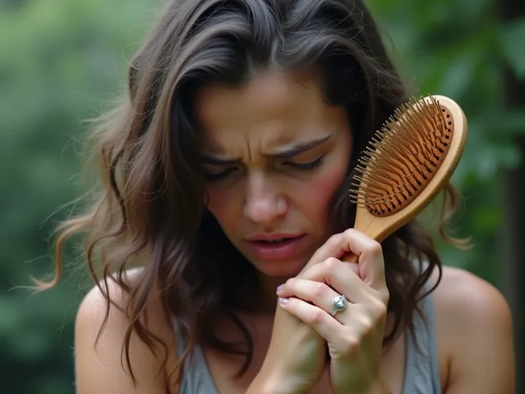 Hello okay could you create an image of a 30-year-old woman crying because when combing her hair she notices how much it is falling out. Your countenance is terrible.  She has a, the hairbrush in her hands combing while more hair falls out in the rain. She...