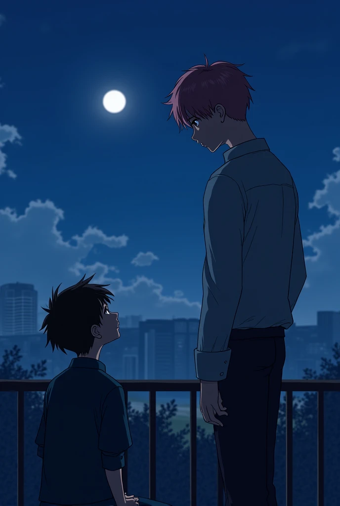 a young boy with a low structure , with dark hair sitting on the balcony looking at the moon, Next to you a tall structured boy with faded pink hair