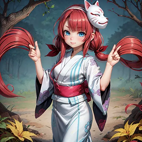 kawakazeautumn, low twintails, hair ribbon, fox mask, mask on head, yukata, sash, obi, red hair, blue eyes